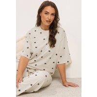 Yours Women's Bow Sleep Tee Pyjama Set in Natural | Size: 30-32