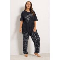Yours Women's Shooting Star Wide Leg Pyjama Set in Black | Size: 26-28