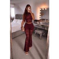 STYLEWISE Women's Floral Lace High Neck Cropped Top Flared Trouser Co-Ord Set in Red | Size: 8
