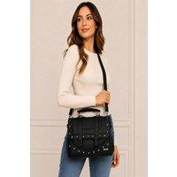 LARANGE Women's Satchel Leather Grain PU Bag Twin Zips & Studs in Black | Size: 1 Pack