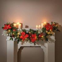 Coopers of Stortford Pre-Lit Poinsettia Mantel Swag with Baubles, Pine Cones & LED Lights in Green
