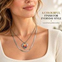 BluCore Double Layer Heart Pendant Necklace With Colourful Art Pattern in Silver