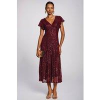 Jolie Moi Women's Sequin V-Neck Fit & Flare Maxi Dress in Burgundy | Size: 12