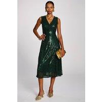 Jolie Moi Women's Patterned Sequin V-Neckline Midi Dress in Dark Green | Size: 16