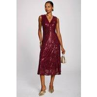 Jolie Moi Women's Patterned Sequin V-Neckline Midi Dress in Burgundy | Size: 20