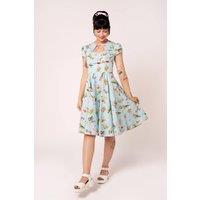Hell Bunny Women's Beatrix Vintage 50s Blue Woodland Print Cotton Puff Sleeve Tea Dress | Size: Small