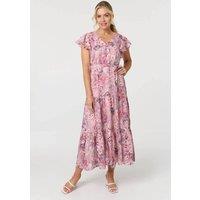 Izabel London Women's Floral Tiered Tie Waist Maxi Dress in Pink | Size: 14