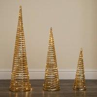 Samuel Alexander Set of 3 Gold Braid Christmas Cone Trees with Warm White LEDs