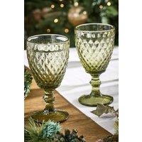Dibor Pair of Rococo Emerald Green Diamond Embossed Wine Goblets 270ml - Christmas Gift for Her | Size: 2 Pack