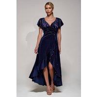 Jolie Moi Women's Print Ruffle Dip Hem Velvet Dress in Navy | Size: 10