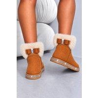 Love Lemonade Women's Crystal Faux Suede Snuggle Cloud Cuff Faux Fur Boots in Camel | Size: 8