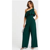 Faia Women's One Shoulder Overlay Frill Jumpsuit in Dark Green | Size: Medium