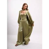 Faia Women's Modest Maxi Length Duster Coat in Satin in Khaki | Size: Medium