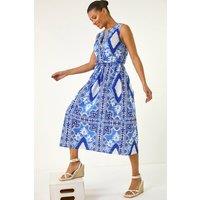 Roman Women's Abstract Halter Midi Dress in Blue | Size: 12