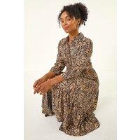 Roman Women's Petite Abstract Print Tiered Midi Dress in Brown | Size: 18