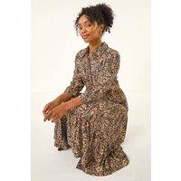 Roman Women's Petite Abstract Print Tiered Midi Dress in Brown | Size: 12