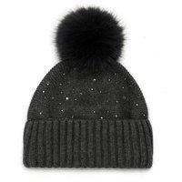 PEACH ACCESSORIES Women's Sparkly Crystal & Beads Knit Faux Fur Pom Pom Hat in Dark Grey