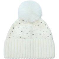 PEACH ACCESSORIES Women's Sparkly Crystal & Beads Knit Faux Fur Pom Pom Hat in Ivory