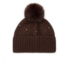 PEACH ACCESSORIES Women's Sparkly Crystal & Beads Knit Faux Fur Pom Pom Hat in Chocolate