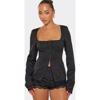 EGO Women's Long Sleeve Square Neck Lace Trim Top in Black | Size: 8