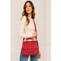 LARANGE Women's Satchel Leather Grain PU Bag Twin Zips & Studs in Red | Size: 1 Pack