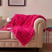 OHS Jumbo Faux Fur Fleece Throw Ribbed Fluffy Blanket in Bright Pink | Size: 120 cm x 150 cm
