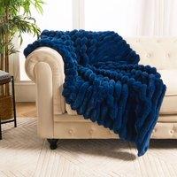 OHS Jumbo Faux Fur Fleece Throw Ribbed Fluffy Blanket in Navy | Size: 120 cm x 150 cm