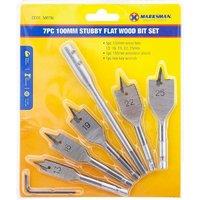 BARGAINS-GALORE 7pc 100mm Stubby Flat Wood Bit Set Drill Extension Short New Hex Key in Silver