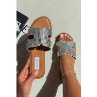 Love Lemonade Women's Sparkle Glow Halo Cut-Out Sliders in Silver | Size: 6