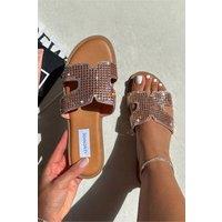 Love Lemonade Women's Sparkle Glow Halo Cut-Out Sliders in Rose Gold | Size: 6