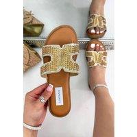 Love Lemonade Women's Sparkle Glow Halo Cut-Out Sliders in Gold | Size: 4