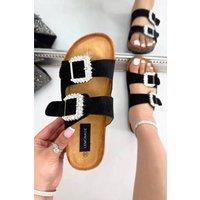 Love Lemonade Women's Sparkly Dream Double Buckle Sliders in Black | Size: 4