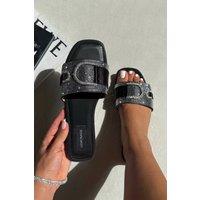 Love Lemonade Women's Crystal Imperial Icon Sliders in Black | Size: 4