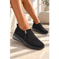 Love Lemonade Women's Jovie Air Cushion Knitted Stretch Sock Zip Up Trainers in Black | Size: 4