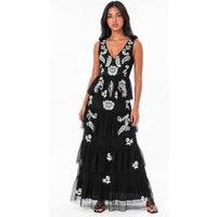 Maya Deluxe Women's Spot Mesh Embellished Tiered Maxi Dress in Black | Size: 10