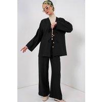 Big Dart Women's V-Neck Cardigan & Wide Leg Pants Set in Black | Size: Medium