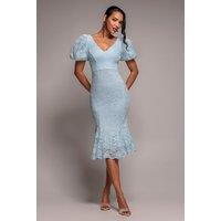 Goddiva Women's Scallop Lace Puff Sleeve Fit & Flare Midi Dress in Light Blue | Size: 18