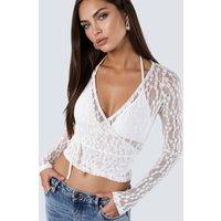 Busem Women's Crop Lace V-neck Blouse with Tie Detail in White | Size: Medium