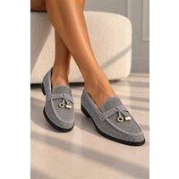 Love Lemonade Women's Crystal Sparkly Faux Suede Charm Loafers in Grey | Size: 6