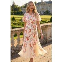 Roman Women's Petite Floral Godet Hem Dress in Ivory | Size: 14
