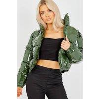 STYLEWISE Women's Faux Leather Puffer - Cropped Fit - Jacket in Khaki | Size: Small