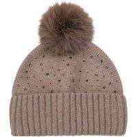 PEACH ACCESSORIES Women's Sparkly Crystal & Beads Knit Faux Fur Pom Pom Hat in Taupe
