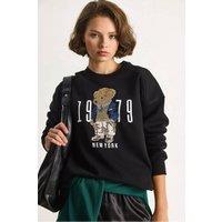 Bianco Lucci Women's Relaxed Fit Printed Crew Neck Sweatshirt in Black | Size: Medium