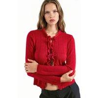 Hiccup Women's Ruffled Openwork Knit Cardigan with Special Yarn in Crimson | Size: Medium