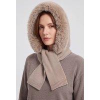 Vellin Women's Acrylic Blend Knitted Hooded Scarf with Faux Fur Trim in Khaki