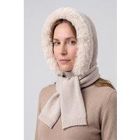Vellin Women's Acrylic Blend Knitted Hooded Scarf with Faux Fur Trim in Cream