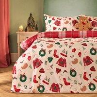 OHS Xmas Novelty Bedding Set Reversible Duvet Cover with Pillowcase in Cream | Size: King