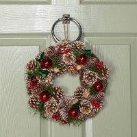 Samuel Alexander 30cm Hanging Christmas YuleFest Wreath with Red Baubles & Snow Tipped Pine Cones