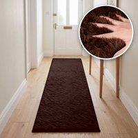 THE RUGS Lush Shaggy Plain Runner Rug Washable Non Slip Stain Resistant Hallway in Brown | Size: 80 cm x 280 cm