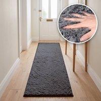 THE RUGS Lush Shaggy Plain Runner Rug Washable Non Slip Stain Resistant Hallway in Grey | Size: 80 cm x 280 cm